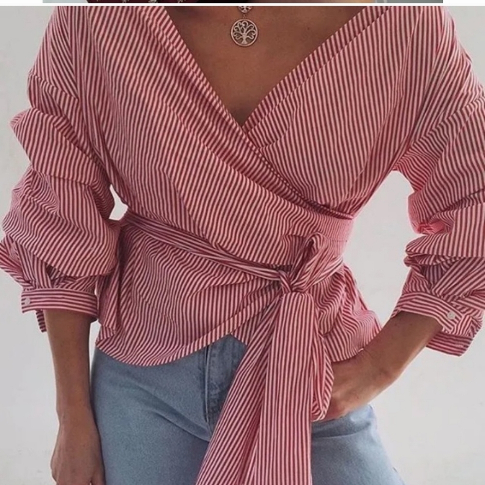 Zara True Wrap V Neck Blouse Striped Rouched Sleeves Nautical